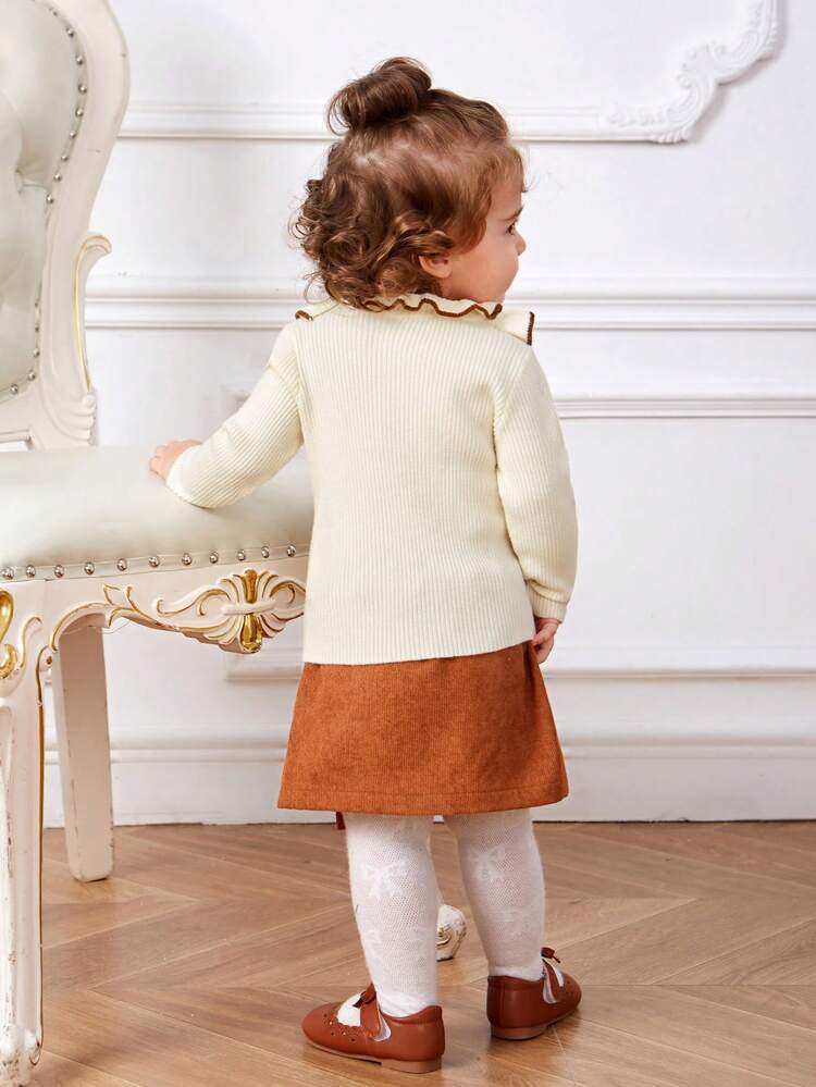 Baby Girl Contrast Binding Ruffle Trim Ribbed Knit Sweater