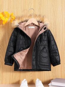 SHEIN Young Boy Fuzzy Trim Hooded Thermal Lined Quilted Coat - Black - View 2