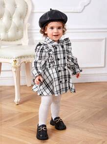 SHEIN Baby Girl Plaid Pattern Ruffle Trim Flounce Sleeve Peplum Overcoat - Black and White - View 4