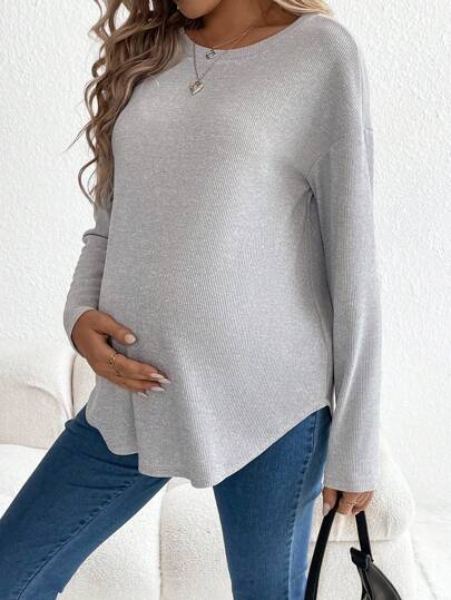 SHEIN Maternity Basic Solid Color Long Sleeve T-Shirt, Casual Everyday Wear