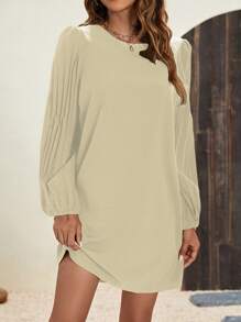 SHEIN Essnce 素色燈籠袖直筒洋裝 - 杏色 - 查看 3