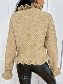 SHEIN Privé Ruffle Trim Drop Shoulder Sweater - Beige - View 2