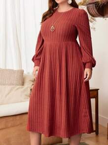 EMERY ROSE Plus Solid Lantern Red With Sleeves Sleeve Ribbed Knit Winter Dress - Orange - View 4