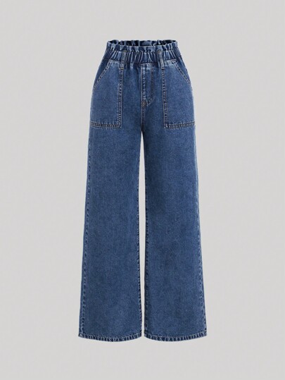 SHEIN Girlism Chica adolescente Jeans con bolsillo oblicuo de pierna ancha