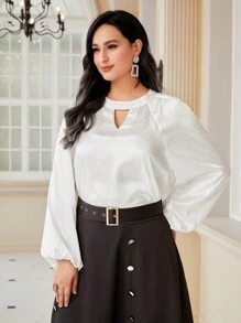 Modelyn Plus Keyhole Neckline Lantern Sleeve Blouse - White - View 3
