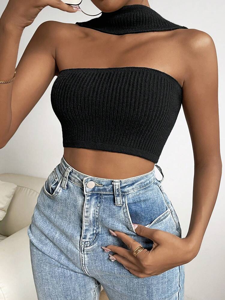 Solid Asymmetrical Neck Crop Knit Top