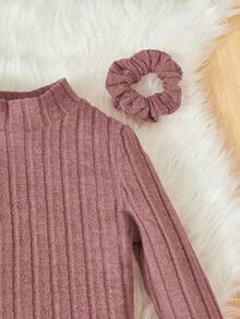 SHEIN 女大童小高領條紋針織T恤&大腸髮圈 - 藕粉色 - 查看 3