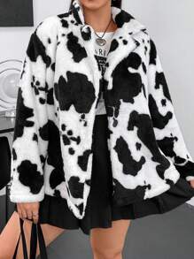 Flirla Plus Cow Pattern Open Front Teddy Coat - Black and White - View 3