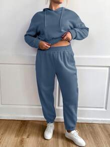 Calvaya Plus Drop Shoulder Drawstring Hoodie & Sweatpants - Blue - View 5