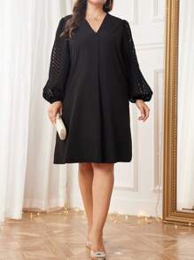 SHEIN Clasi 大碼蕾絲拼接燈籠袖洋裝 - 黑色 - 查看 5