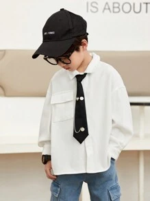 SHEIN Toddler Boys' Casual Loose Fit Preppy Style Long Sleeve Shirt With Tie Set - White - View 1