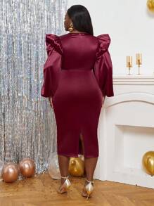 SHEIN Lady Talla grande Vestido ajustado ribete con fruncido de manga farol de satén - Burdeos - Ver 2