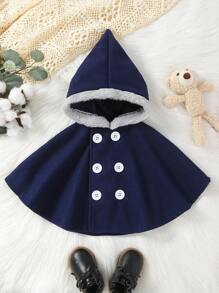 SHEIN 男嬰雙排釦毛茸邊披肩連帽花呢外套 - 藏蓝色 - 查看 1