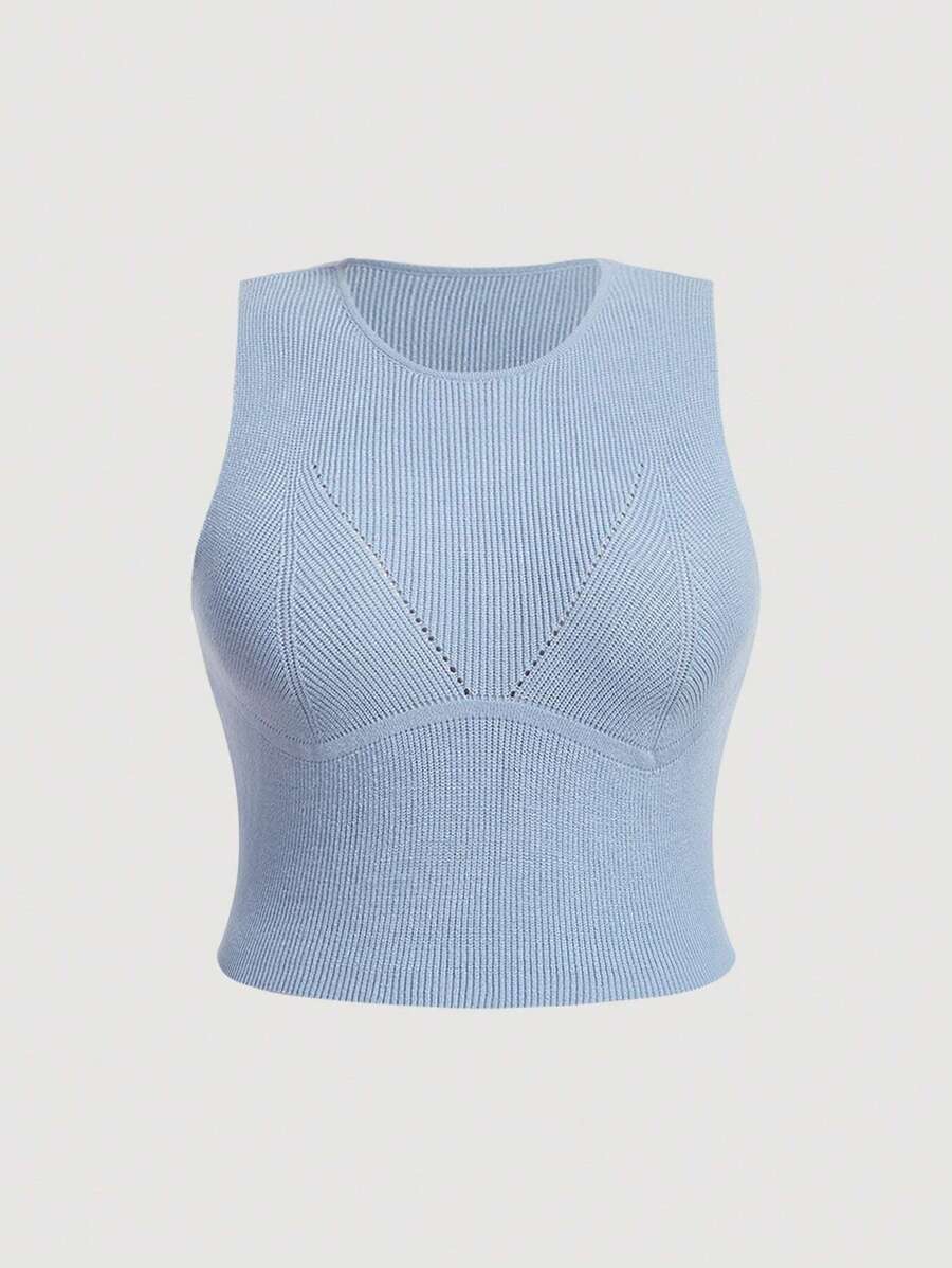 SHEIN MOD Plus Solid Crop Knit Top - Blue - View 1