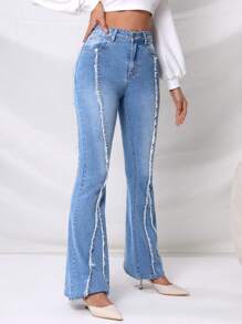 SHEIN Privé Raw Trim Flare Leg Jeans - Light Wash - View 4