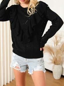 Solid Ruffle Trim Drop Shoulder Pointelle Knit Sweater - Black - View 5
