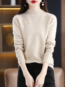 100% Merino Wool Women Sweater, Soft & Warm, Turtleneck Pullover, Autumn/Winter, Seamless One-Piece Design - Apricot - View 3
