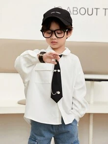 SHEIN Toddler Boys' Casual Loose Fit Preppy Style Long Sleeve Shirt With Tie Set - White - View 2