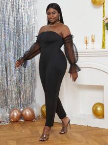 SHEIN Lady 大碼一字肩網紗拼接連身褲 - 黑色 - 查看 6