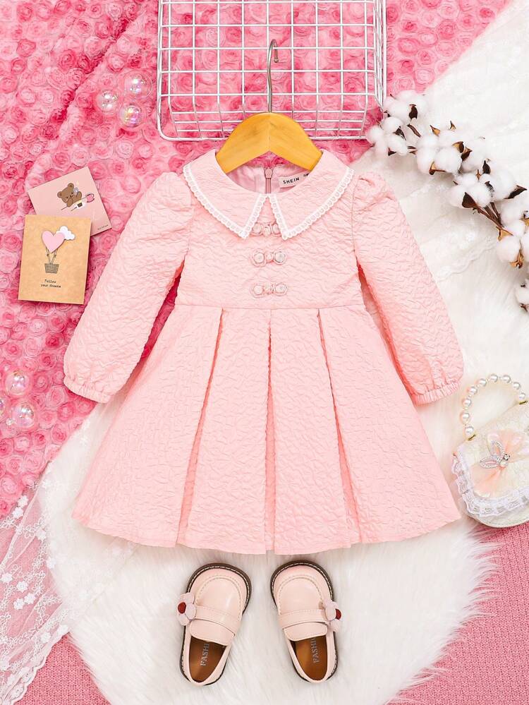 Baby Girl Peter Pan Collar Pleated Detail Fold Pleated Detail Dress