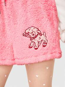 ROMWE Kawaii Cartoon Graphic Drawstring Waist Flannel Shorts - Pink - View 6