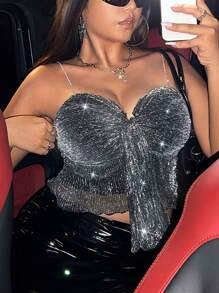 Allurite 大碼前垂褶亮片抹胸上衣 - 黑色 - 查看 1