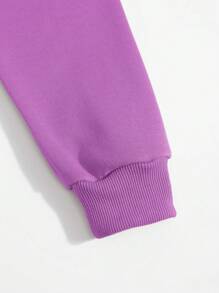 SHEIN EZwear 字母圖案袋鼠口袋抽繩加絨內裏連帽衫 - 紫色 - 查看 6