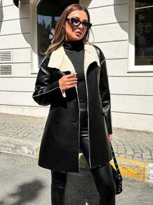 RueChic Drop Shoulder Fuzzy Lined Leather Look Coat - Black - View 1