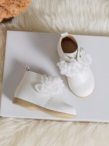 女童秋冬新款韓式英倫花卉時尚摩托車靴,甜美可愛的白色休閒踝靴 - 白色 - 查看 4