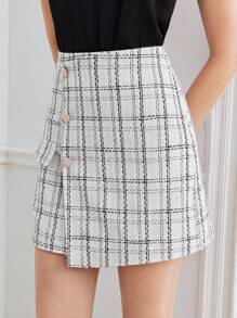 BizChic 格紋圖案前紐扣粗花呢半身裙 - 彩色 - 查看 3