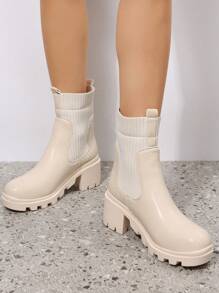 女士时尚粗跟一脚蹬踝靴、中筒靴 - 米色 - 查看 5