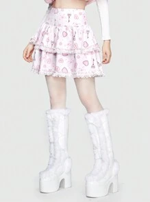 ROMWE Kawaii Falda con estampado de corazón con encaje en contraste ribete con fruncido - Rosa - Ver 4