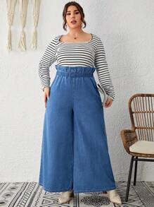 SHEIN LUNE Plus Paperbag Waist Wide Leg Jeans - Light Wash - View 4
