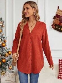 SHEIN LUNE 素色前紐扣襯衫 - 紅色 - 查看 3