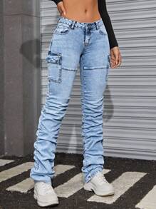 SHEIN ICON Flap Pocket Stacked Jeans - Light Wash - View 4