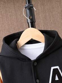 Young Boy Letter Patched Striped Trim Hooded Jacket & Sweatpants Without Tee
