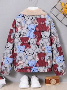 Tween Boys 1pc Bear Print Borg Collar Teddy Lined Jacket