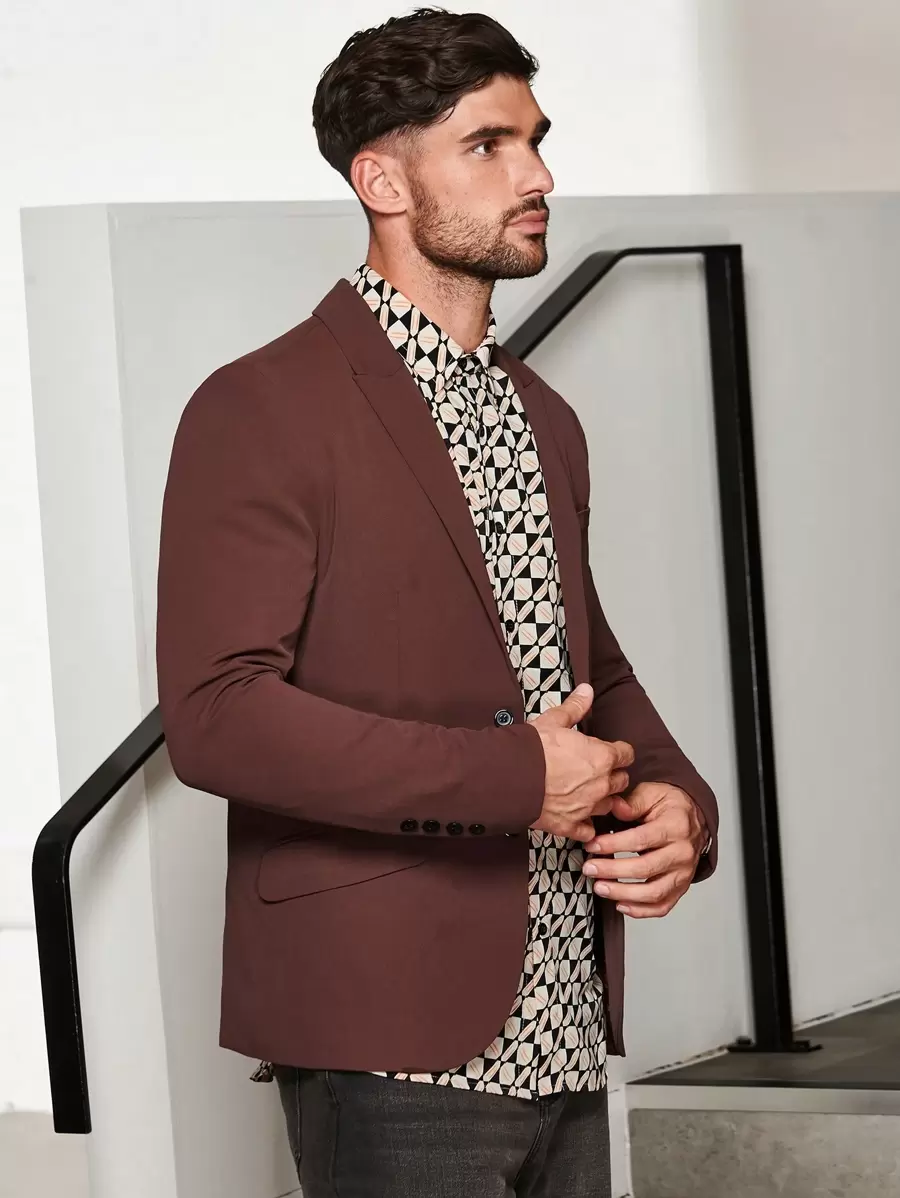 Manfinity VCAY 男士青果領雙口袋前紐扣西裝外套 - 咖啡棕 - 查看 1