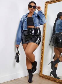 SHEIN SXY Hơn Túi có nắp Rách Raw Hem Cắt sửa áo khoác Jacket - Rửa nhẹ - Xem 6