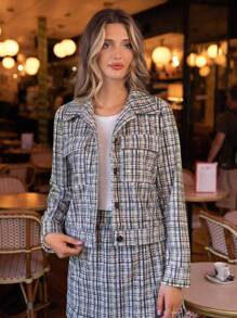 SHEIN Frenchy Plaid Pattern Button Front Tweed Overcoat - Multicolor - View 5