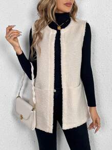 SHEIN Tall Dual Pocket Open Front Teddy Vest Coat - Beige - View 6