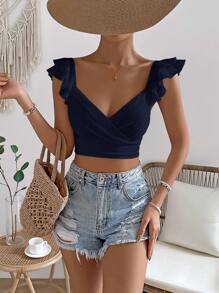 SHEIN VCAY Top crop ribete con fruncido de cuello cruzado - Azul Marino - Ver 6