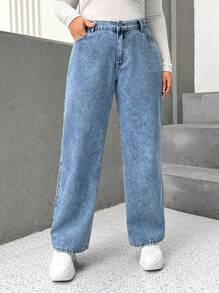 SHEIN ICON Plus High Waist Straight Leg Jeans - Light Wash - View 1