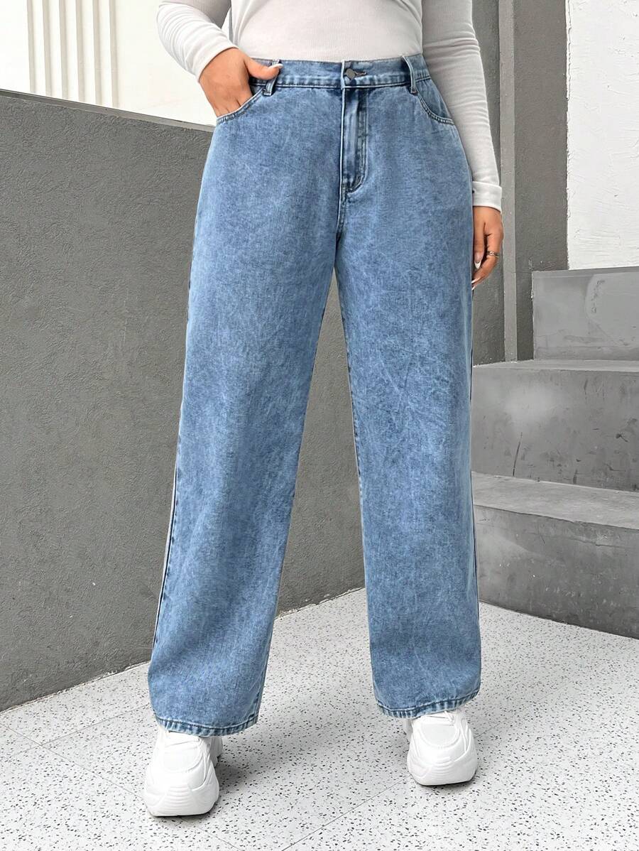 SHEIN ICON Plus High Waist Straight Leg Jeans - Light Wash - View 1