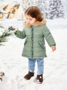 SHEIN Baby Girl Flap Detail Fuzzy Trim Hooded Padded Coat - Mint Green - View 6