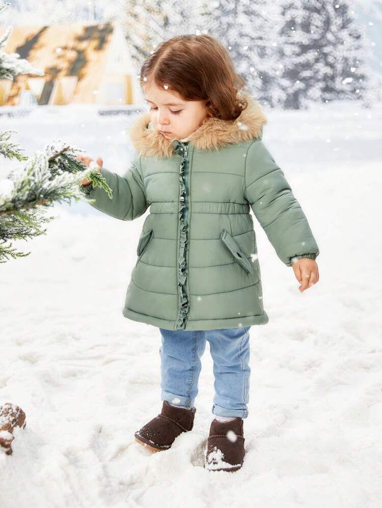 Baby Girl Flap Detail Fuzzy Trim Hooded Padded Coat