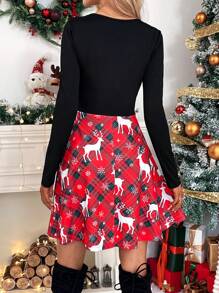 SHEIN LUNE Christmas Print Scoop Neck Dress - Black - View 2