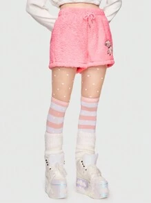 ROMWE Kawaii Cartoon Graphic Drawstring Waist Flannel Shorts - Pink - View 3