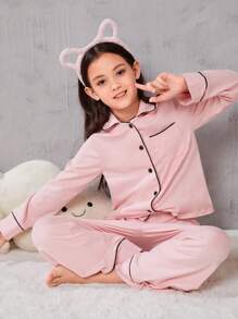 SHEIN Chica preadolescente Conjunto de pijama unido en contraste con botón delantero - Rosa - Ver 2