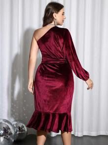 SHEIN Clasi Hơn Tay áo lồng đèn một vai Xù Hoa Sen Thắt lưng Nhung Đầm - Màu Đỏ Sâu - Xem 2